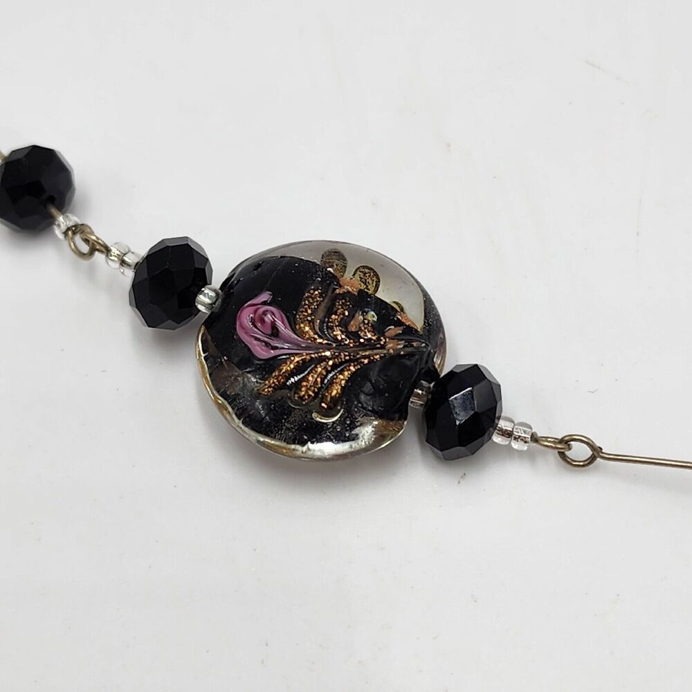 Vintage Artisan Black Faceted Rose Gold Murano Glass Bead Y Drop Necklace 18"